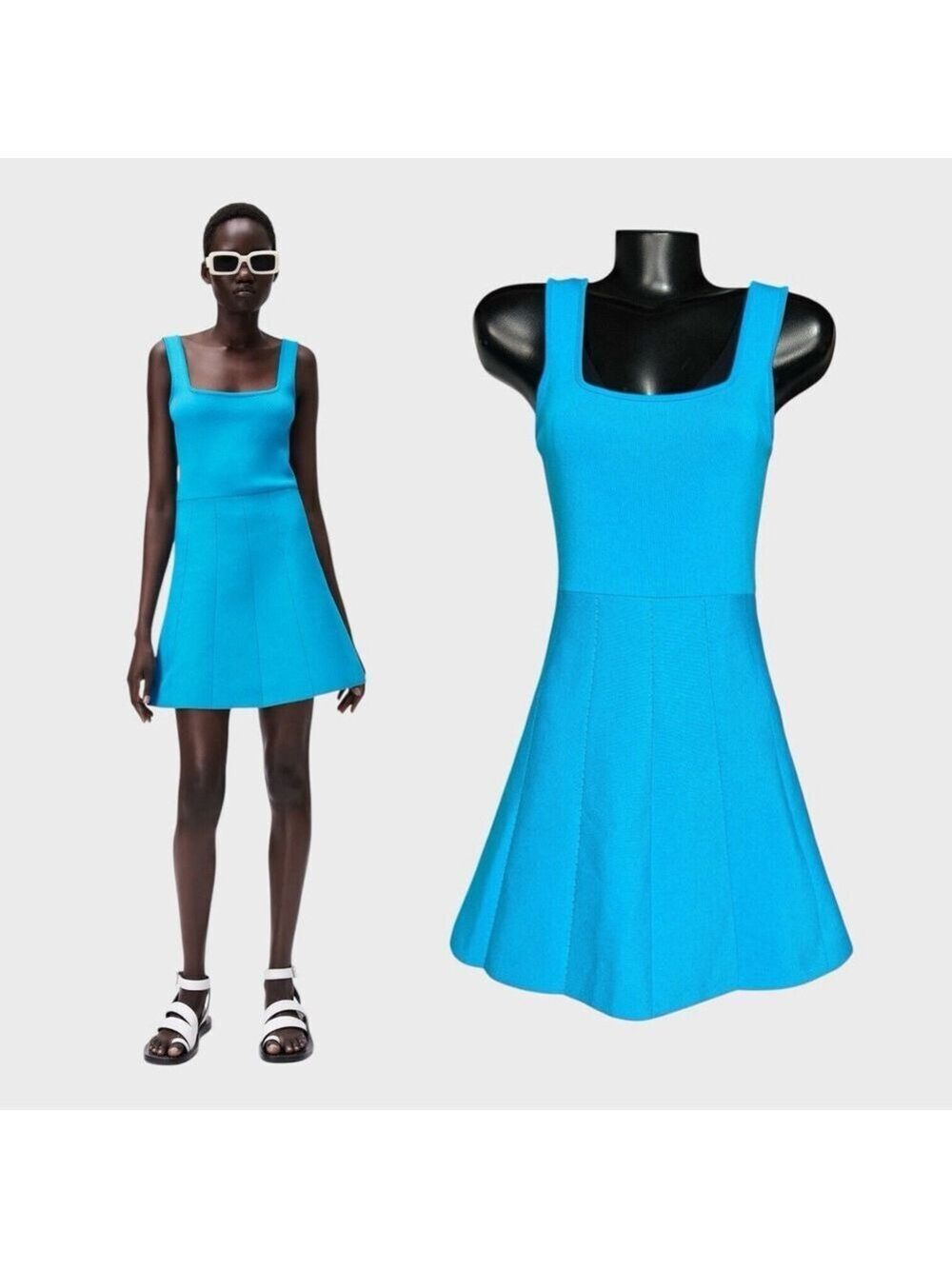 ZARA NWT Womens Medium Mini Dress Blue Stretch Knit Fit & Flare Bandage Tank NEW
